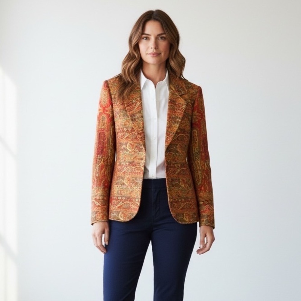 Vintage Tapestry Blazer Jacket M Paisley Fitted Boho Artsy Earthy Preppy Classic